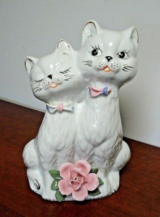 Vtg Porcelain Ceramic Cat Kitty Statue W/ Gold Accents Pink Rose Large Figurine