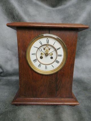 A GOOD LARGE OAK CASED BELL STRIKE FRENCH CLOCK WITH VISIBLE ESCAPEMENT SERVICED 2