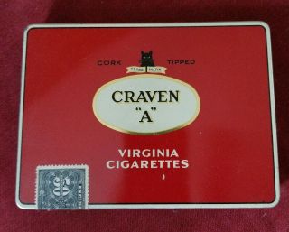 Vintage Tobacco Black Cat Craven " A " Virginia Cigarettes Tin W/stamp