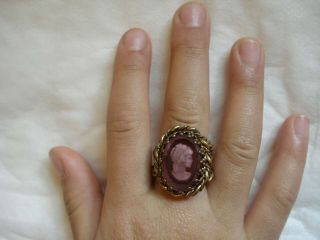 Antique Vtg Gift Italian Copper Carved Crystal Cameo Ring Small Size 4 - 5 Sh