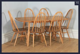 Vintage Set Elm Blonde Ercol Quaker Kitchen Dining Table & 6 Hoop Back Chairs
