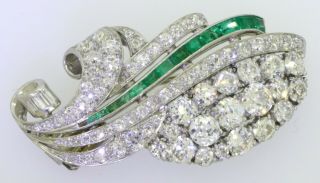 Antique heavy Platinum 7.  75CTW VS diamond/emerald cluster brooch w/2X.  50CT ctrs. 2