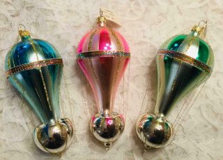 3 Vintage Hand Blown Glass Christmas Ornaments Hot Air Balloons Kurt Adler