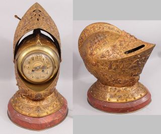 Rare Antique 19thc French Japy Freres Bronze Medieval Knight Armor Helmet Clock