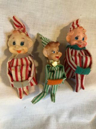 3 Vintage Christmas Pixie Elf Elves Knee Huggers Candy Stripe Big Nose Japan