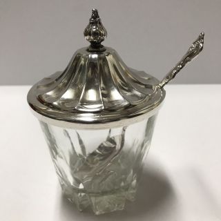 Vintage International Deep Silver Glass Sugar Bowl Scalloped Spoon