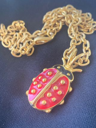 Vtg Maxine Denker Ladybug Designer Pendant Necklace & Chain