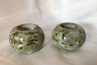 Vintage Set Of 2 - Natural Green Grey Marble Tealight Votive Candle Holders.