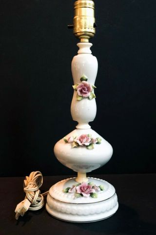 Vintage White Porcelain 3 Tier Floral Pink Roses Boudoir Table Lamp Japan C122