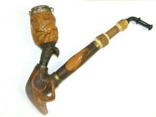 Vintage Wood Hand - Carved Deer Buck Antler Black - Forest German Pipe 10 " Long