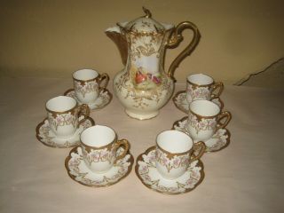 Antique Limoges Coffee / Chocolate / Tea Set 6 Cups,  Saucers,  Pot Hand Painted
