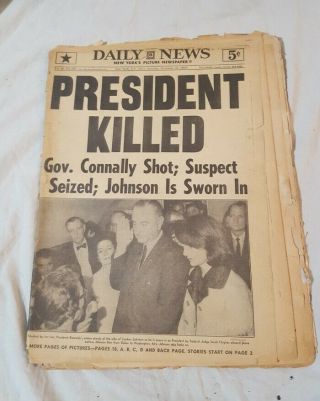 Jfk Killed Vintage Newspaper Daily News 1963 John F Kennedy Assassination