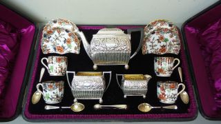Rare 19th C.  English Sterling Silver & Spode Porcelain Cased Travel Tea Service