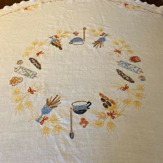 Vintage Embroidered Linen Farmhouse Round Tablecloth Hand Stitched