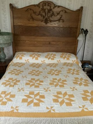 Antique Vintage Pinwheel Quilt - Hand Quilted - Gold And White