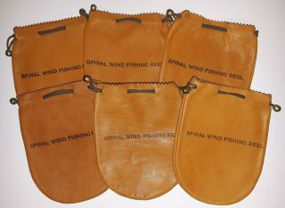 6 Vintage Leather Spiral Wind Fishing Reel Cases/bags.  Brass Pull String Closure