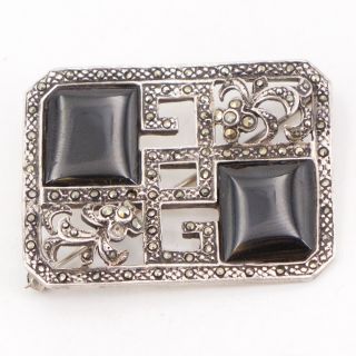 Vtg Sterling Silver - Art Deco Marcasite & Onyx Stone Brooch Pin - 16g