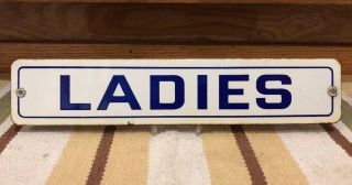Vintage Antique Ladies Porcelain Sign Restroom Bathroom Gas Station Blue Wall 6