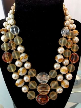 3 Strand Vintage Glamour Days Estate Lucite,  Art Glass Clear,  Pearls 17 1/2