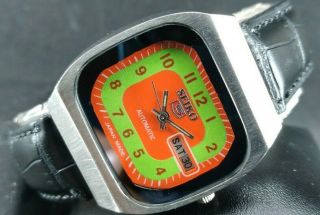 Vintage Seiko 6309 Automatic Wrist Watch.  Orange Dial.  Ss Case Square