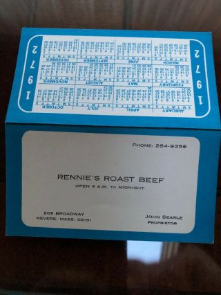 1972 Boston Red Sox Baseball Pocket Schedule Rennes Roast Beef