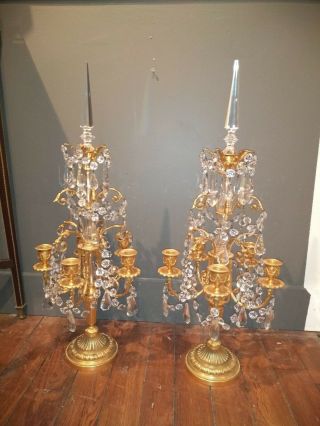 Pair Old Or Antique French Bronze Crystal Candelabras Or Girondles