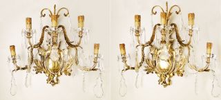 Antique Important French Solid Bronze And Crystal Sconces Plaquets Prism
