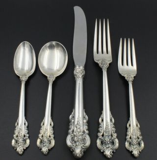 5 Piece Wallace Grande Baroque Sterling Silver Flatware Place Setting Nr 6846 - 8