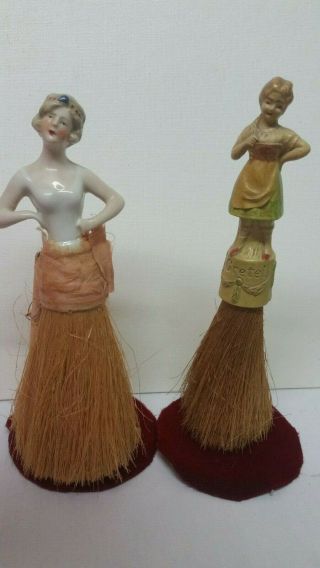 2 Antique German Dolls Whisk Broom Brush Porcelain
