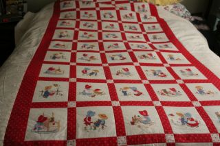 Bedspread Vintage Twin Size Hand Quilted Block Design Great For Child Red White