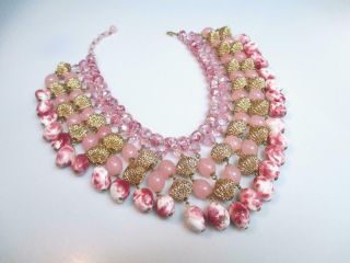 Fabulous Vintage Trifari Pink Bead And Crystal Gold Tone Necklace