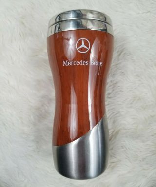 Mercedes Benz 16 Oz.  Double Wall Stainless Steel & Brown Wood Grain Tumbler Mug