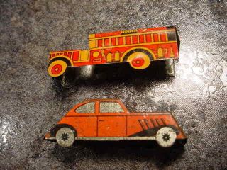 2 Vintage Tin Cracker Jack Prizes Fd Fire Truck And 2 Door Sedan