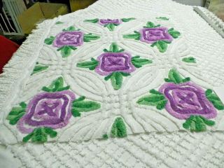 Vintage Plush Lilac Floral Chenille Bedspread Quilting Craft Fabric A 1656