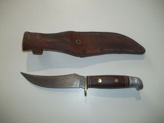 Vtg Western Fixed Blade Hunting Knife W/ Wood Handle & Sheath Usa