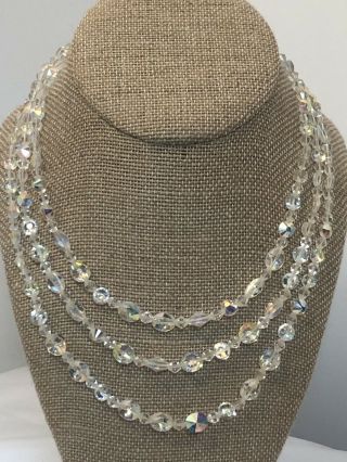 Stunning Vintage 3 - Row Aurora Borealis Crystal Necklace 16” Sparkling