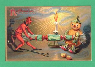 Vintage Tuck Halloween Postcard Devil & Pumpkin - Head - Man Pull Cracker Candle