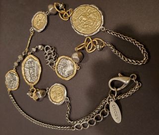 Vintage Signed Chicos Chunky Silver And Gold Ancient Roman Coins Necklace