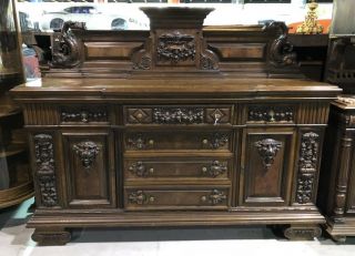 Rare 19th Century Large Baroque Buffet Server Fruit & Lions Head Table Sideboard
