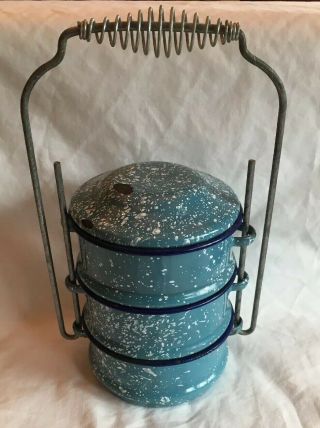 Vintage Miner’s Blue Enamel Lunchbox Speckled Granite Ware Enamelware