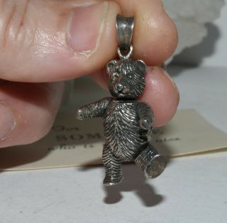 Vtg Sterling Silver Articulated Moving Teddy Bear Charm Pendant For Necklace