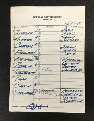 2013 Jim Leyland Detroit Tigers Game Mlb Umpire Lineup Card Miguel Cabrera