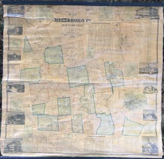 Antique 1858 Hillsborough County Nh 60x58 Wall Map J Chace Smith Mason Co