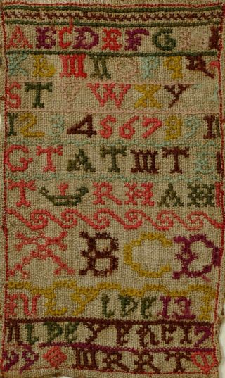 ANTIQUE GEORGIAN SMALL BAND SAMPLER 1799 - NAIVE ALPHABET EMBROIDERY 2