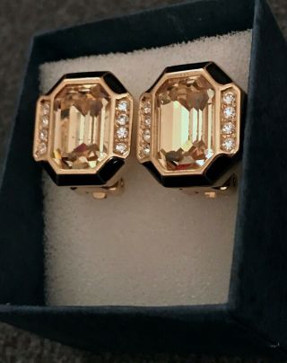 Vintage Signed Dior Lge Emerald Cut Stone Clip On Earrings Blk Enamel Rhinestone
