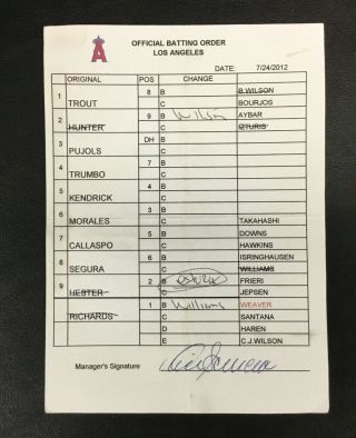 2012 Mike Scioscia Los Angeles Angels Game Umpire Lineup Card Mike Trout