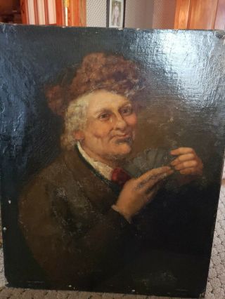 Antique Thomas Webster Oil Painting Old Man Playing Cards Self Portrait? 22×27