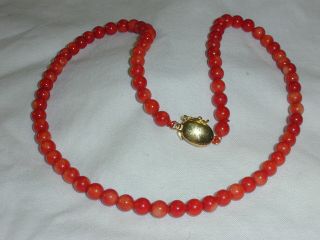 Vintage Real Orange Coral Bead Necklace W/ Gold Filled Clasp