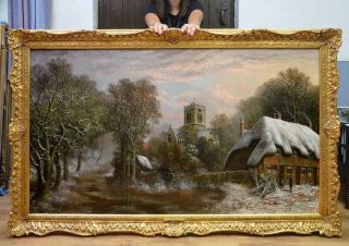 Huge Fine Antique 19thc Oil Painting Winter Landscape Victorian Village