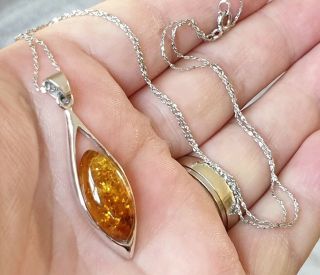 Stunning Vintage Art Deco Jewellery Real Amber Cabochon Sterling Silver Necklace